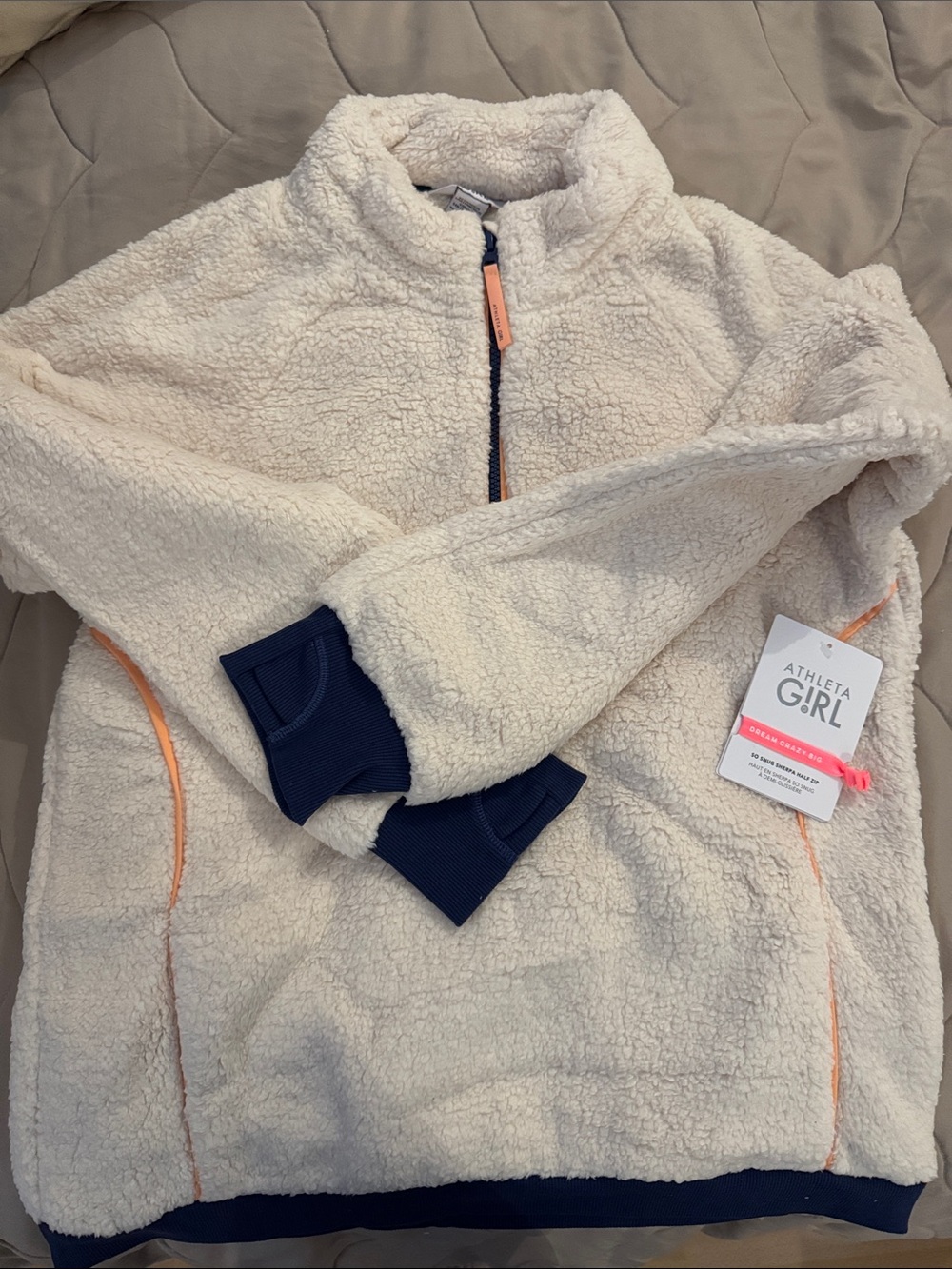 Athleta Girl Cream Sherpa Half-Zip Hoodie with Navy Trim and Coral Accents